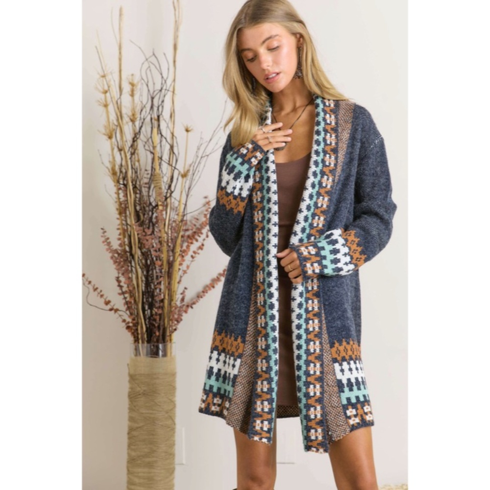 SOLD OUT Navy Tribal Pattern Knit Open Front Cardigan Fall Winter Boho Bohemian - Picture 1 of 5